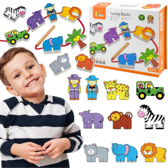 VIGA Wooden Threading Game Intertwining Blocks Safari ZOO Montessori