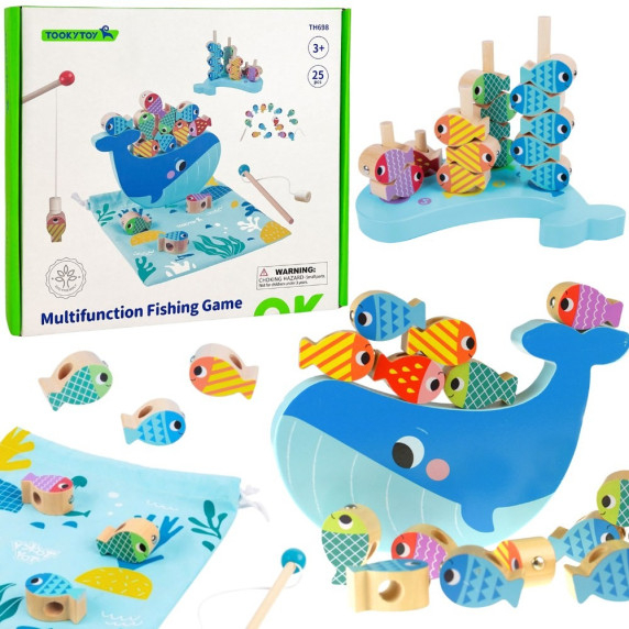 TOOKY TOY Wooden Whale and Fish Game Multifunctional 4 in 1