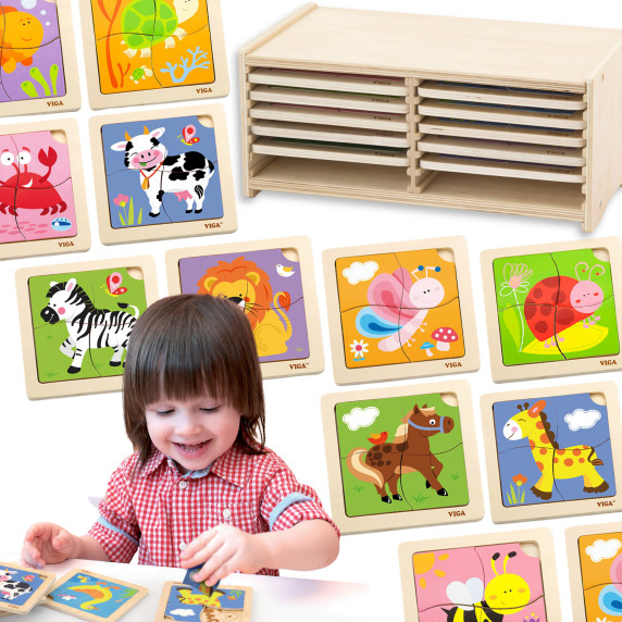 VIGA Wooden Puzzle 12 boards, 4 puzzles each, in a stand