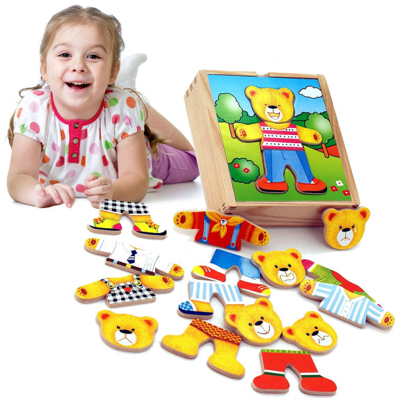 VIGA Wooden Puzzle Educational Puzzle Dress Up the Teddy Bear Boy
