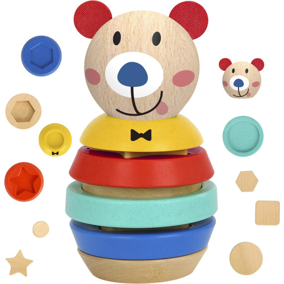 TOOKY TOY Wooden Puzzle Pyramid Shapes Teddy Bear 11 pcs.