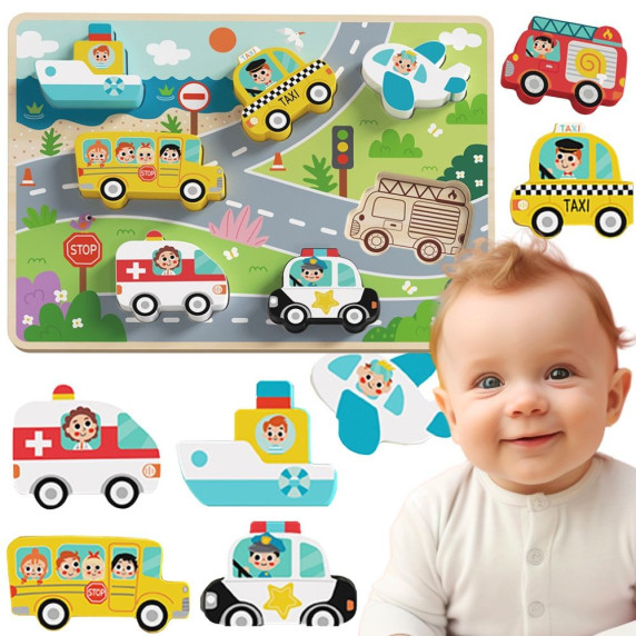 TOOKY TOY Wooden Montessori Puzzle Vehicles Cars Plane Ship City Match Shapes