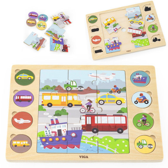 VIGA Wooden Puzzle Guess the Shadow - Means of Transport 17-piece puzzle