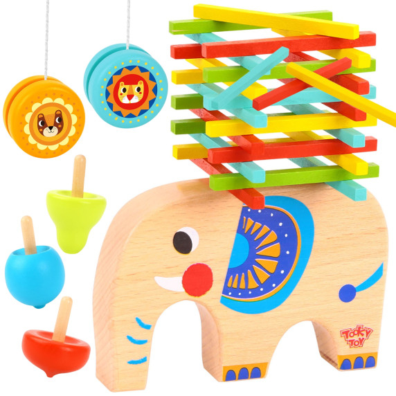 TOOKY TOY Set of Skill Games Pick-up Sticks JoJo Spinning Top Elephant 46 pcs.