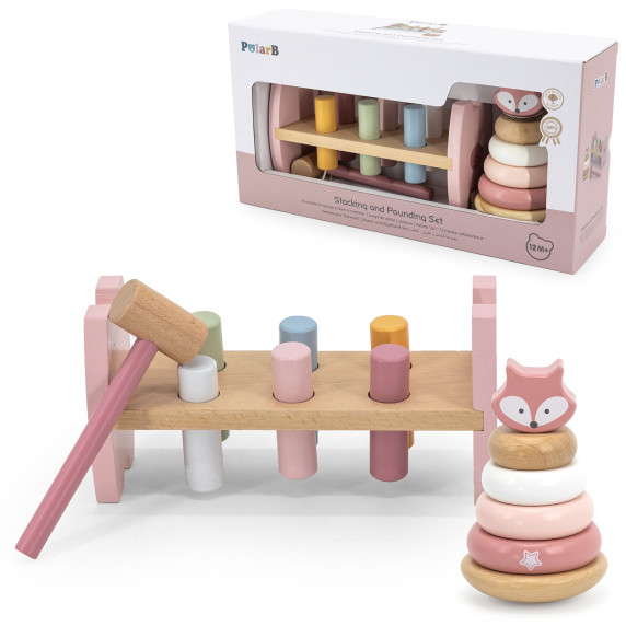 VIGA PolarB Wooden Pyramid + Punch with Hammer Set Montessori Fox