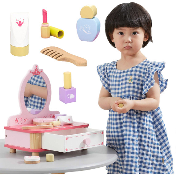 VIGA Wooden Pink Makeup Table with Mirror + Accessories