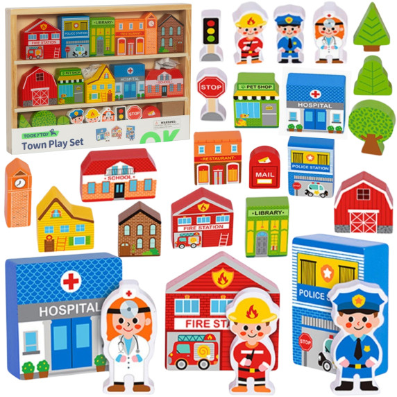 TOOKY TOY Wooden Set of Buildings and Figures City