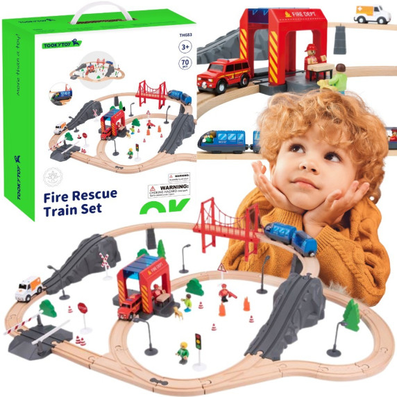 Tooky Toy Wooden Electric Train Fire Department Sound Effects 70 pcs FSC