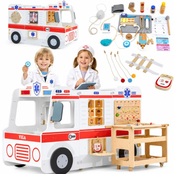 VIGA Large Wooden Ambulance Set Ambulance for Small Rescuers Accessories 25 pcs.