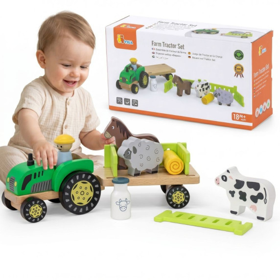 VIGA Wooden Tractor Animal Farm
