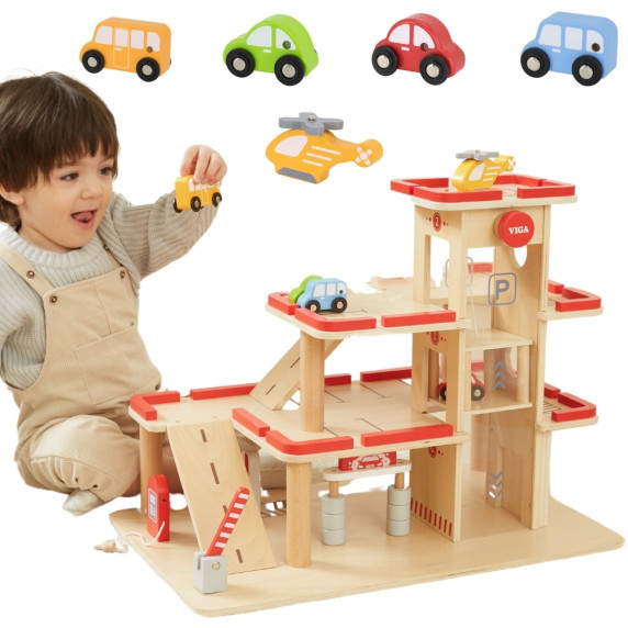VIGA Wooden Parking for Cars with Elevator for 4 Cars and Helicopter