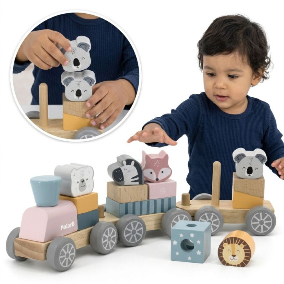 VIGA PolarB Wooden Train with Carriages and Animals for Montessori Stacking