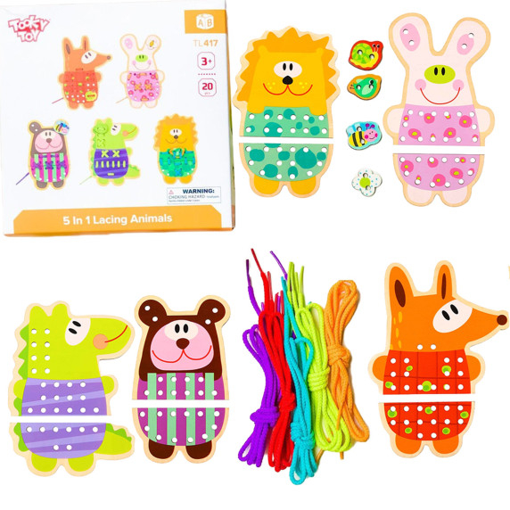TOOKY TOY Wooden 5-in-1 Animal Lacing Game