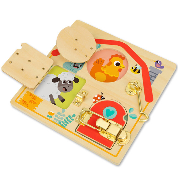 Tooky Toy Wooden Manipulative Board Opening and Closing Locks with Animals