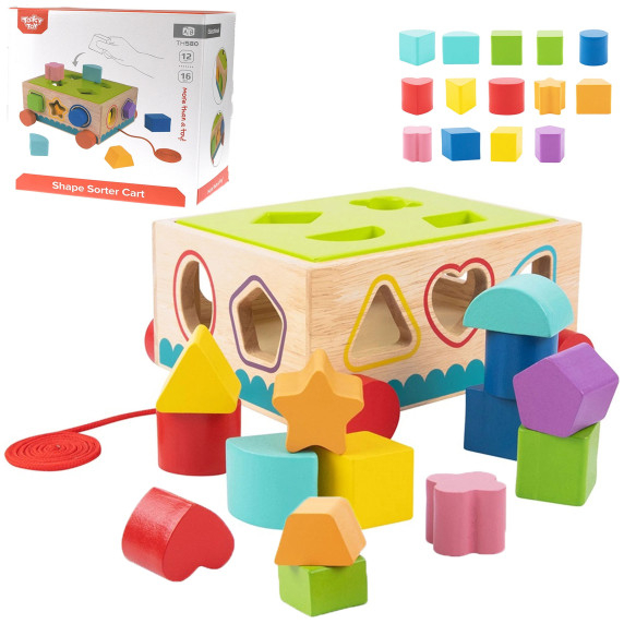 TOOKY TOY Wooden Sorter Cart Blocks 16 pcs.