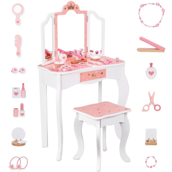 TOOKY TOY Wooden Dressing Table with Chair, Folding Mirror, Accessories, 15 pcs.