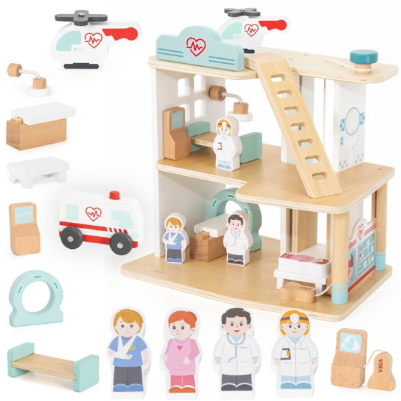 VIGA Wooden Hospital with Ambulance and Elevator Set of 15 pieces