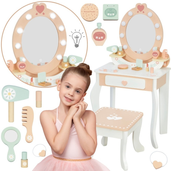 TOOKY TOY Wooden Dressing Table with Chair, Accessories, Mirror with LED Lighting + Cosmetics