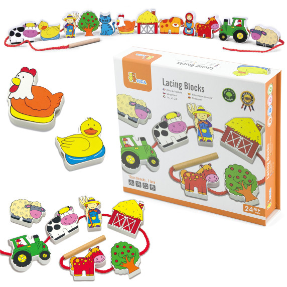 VIGA Wooden Intertwining Blocks Montessori Threading Farm