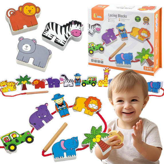 VIGA Wooden Threading Machine Intertwining Blocks Safari ZOO