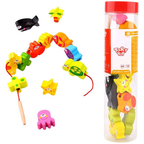 TOOKY TOY Wooden Beads Threading Blocks Sea Animals 13 pcs.