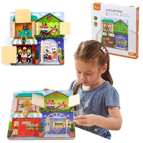 VIGA Wooden Manipulative Board for Opening Locks and Latches Montessori House