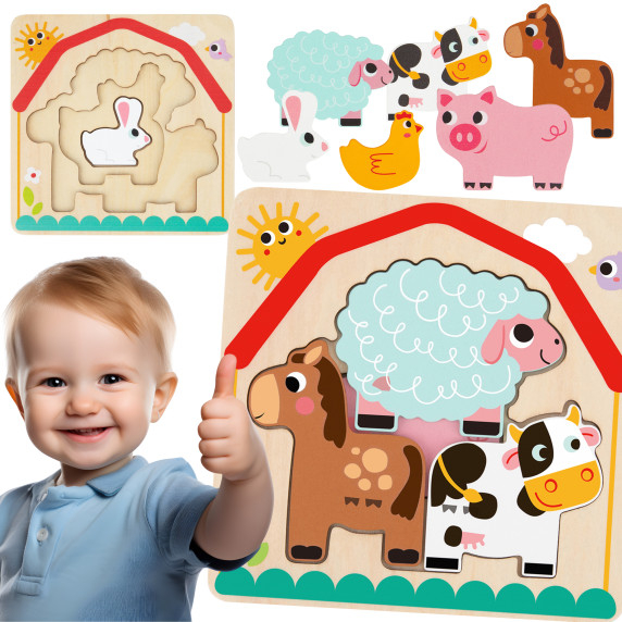 TOOKY TOY Wooden Montessori Puzzle Multilayer Board Animals on the Farm 7 pcs.