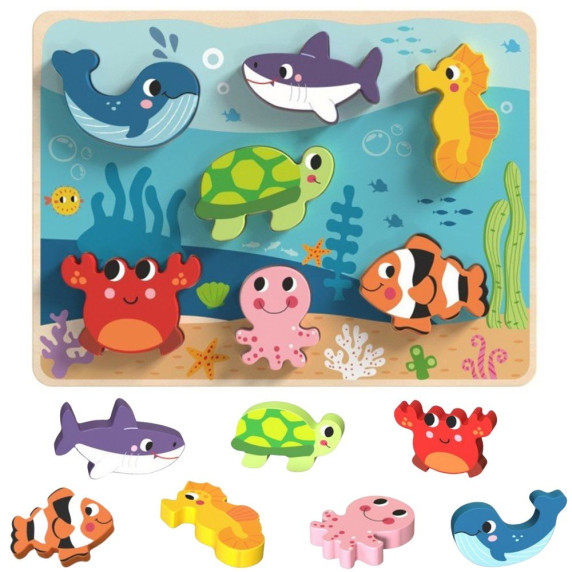 TOOKY TOY Wooden Montessori Puzzle Sea World Fish Turtle Shapes