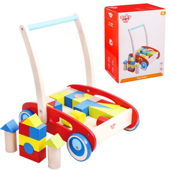 TOOKY TOY Wooden Walker Pusher for Children + Blocks 23 pcs.