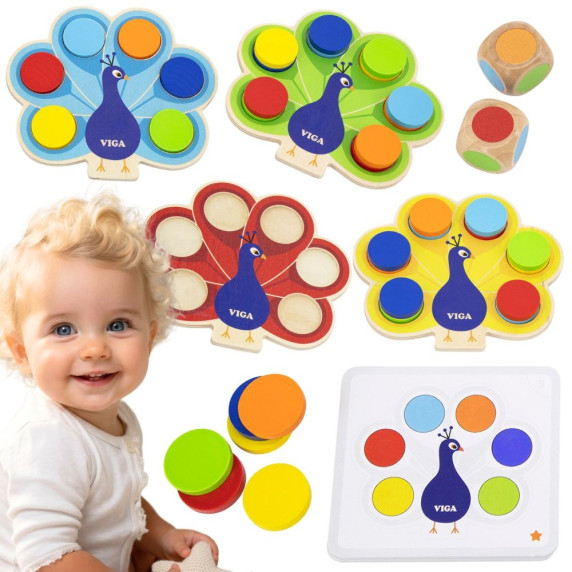 VIGA Wooden Match Colors Game Peacock Tail Montessori + Cards