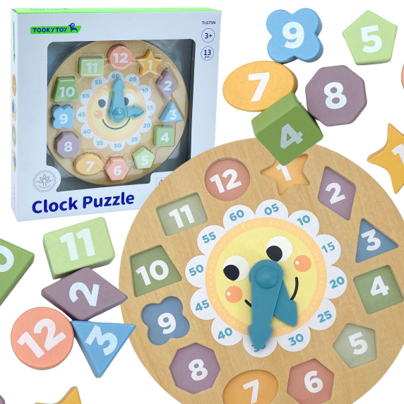 TOOKY TOY Wooden Clock Educational Toy Learning Time Shapes