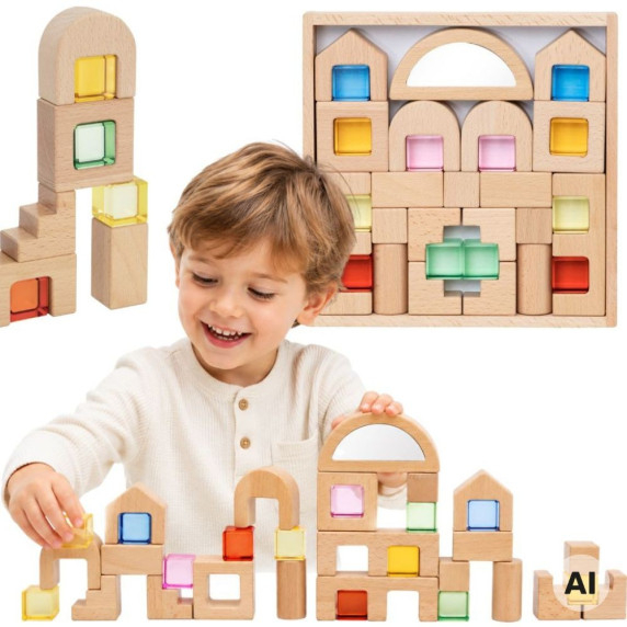 VIGA Wooden Construction Blocks with Colored Windows 32 pcs.