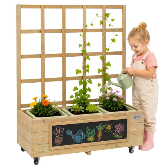 Classic World Edu Wooden Flower Stand on Wheels Garden Cart with Blackboard