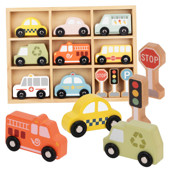 TOOKY TOY Set of Wooden Vehicles and Road Signs in a Box