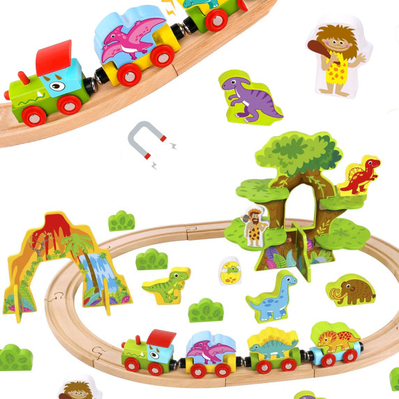 TOOKY TOY Wooden Magnetic Train Dinosaurs + Figures