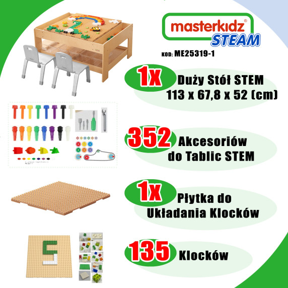 MASTERKIDZ Wooden Educational Table + STEM WALL ACCESSORIES + 135 Blocks