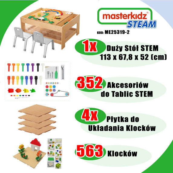 MASTERKIDZ Wooden Educational Table + STEM WALL ACCESSORIES + 563 Blocks