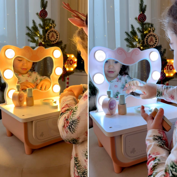 TOOKY TOY Wooden Butterfly Dressing Table Accessories Mirror with LED Lighting + Cosmetics