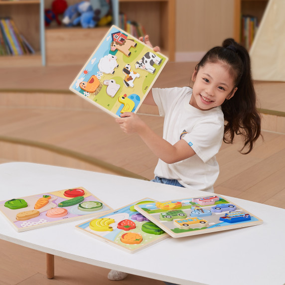VIGA Wooden Puzzle Montessori 2-in-1 Figures Vehicles