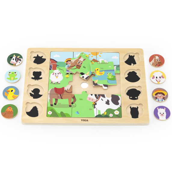 VIGA Wooden Puzzle Guess the Shadow - Farm Puzzle 17 pieces