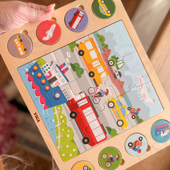 VIGA Wooden Puzzle Guess the Shadow - Means of Transport 17-piece puzzle