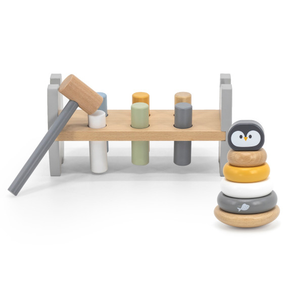 VIGA PolarB Set Wooden Pyramid + Penguin Hammer Punch Montessori
