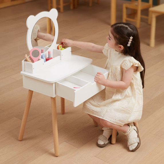 VIGA Large White Wooden Dressing Table with Mirror and Chair