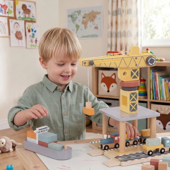 TOOKY TOY Wooden Harbor Crane Set