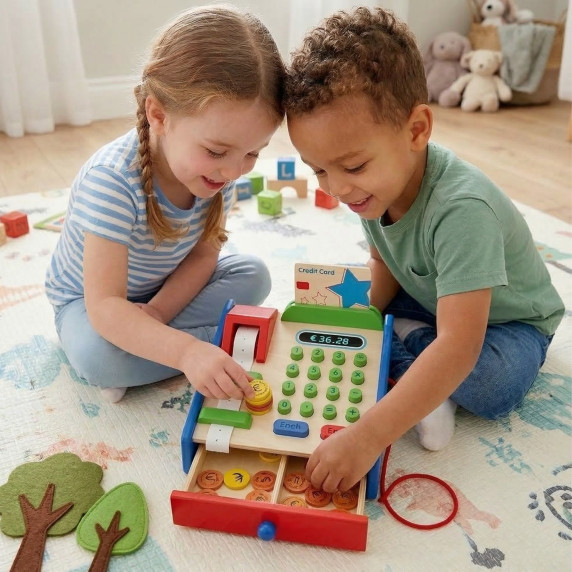VIGA Wooden Cash Register with Montessori Scanner Accessories