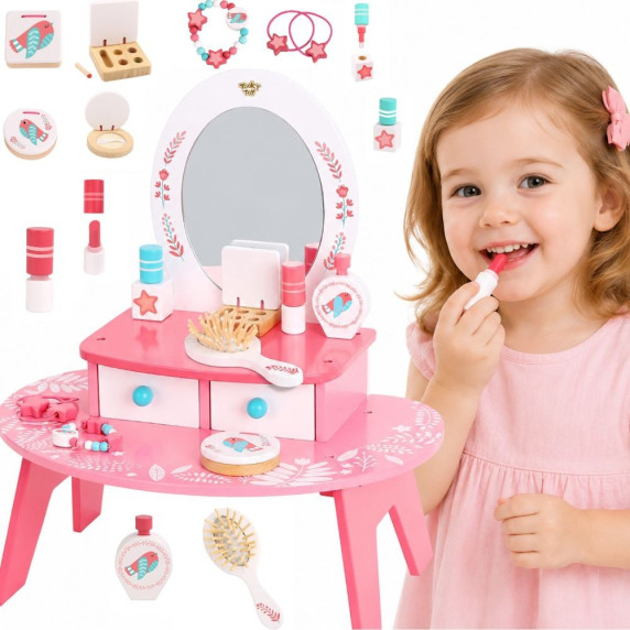 TOOKY TOY Pink Wooden Makeup Dressing Table with Mirror