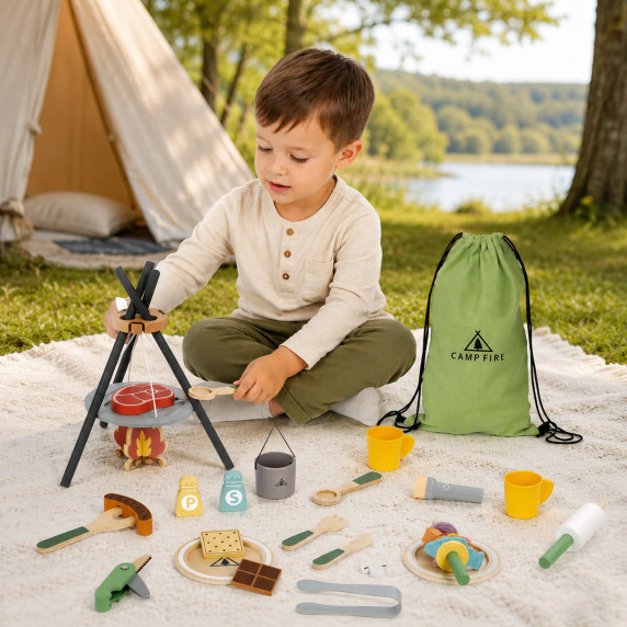 TOOKY TOY Wooden Camping Cooking Set with Campfire