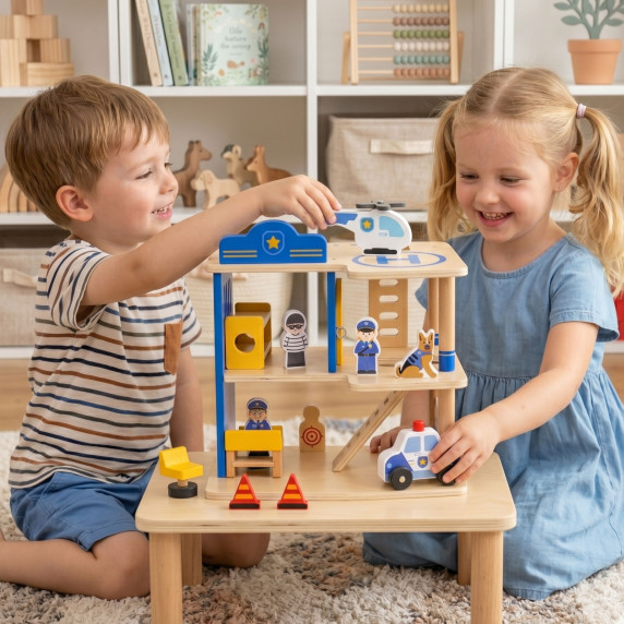 VIGA Wooden Police Station Police Car 3 levels 14 pieces