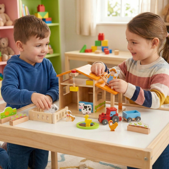 VIGA Wooden Farm Farmer's House with Garden and Tractor 21 pieces