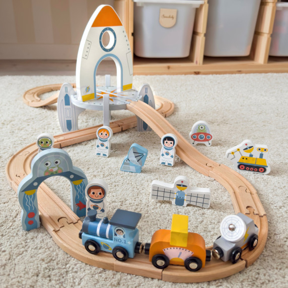 TOOKY TOY Wooden Space Train Track Set